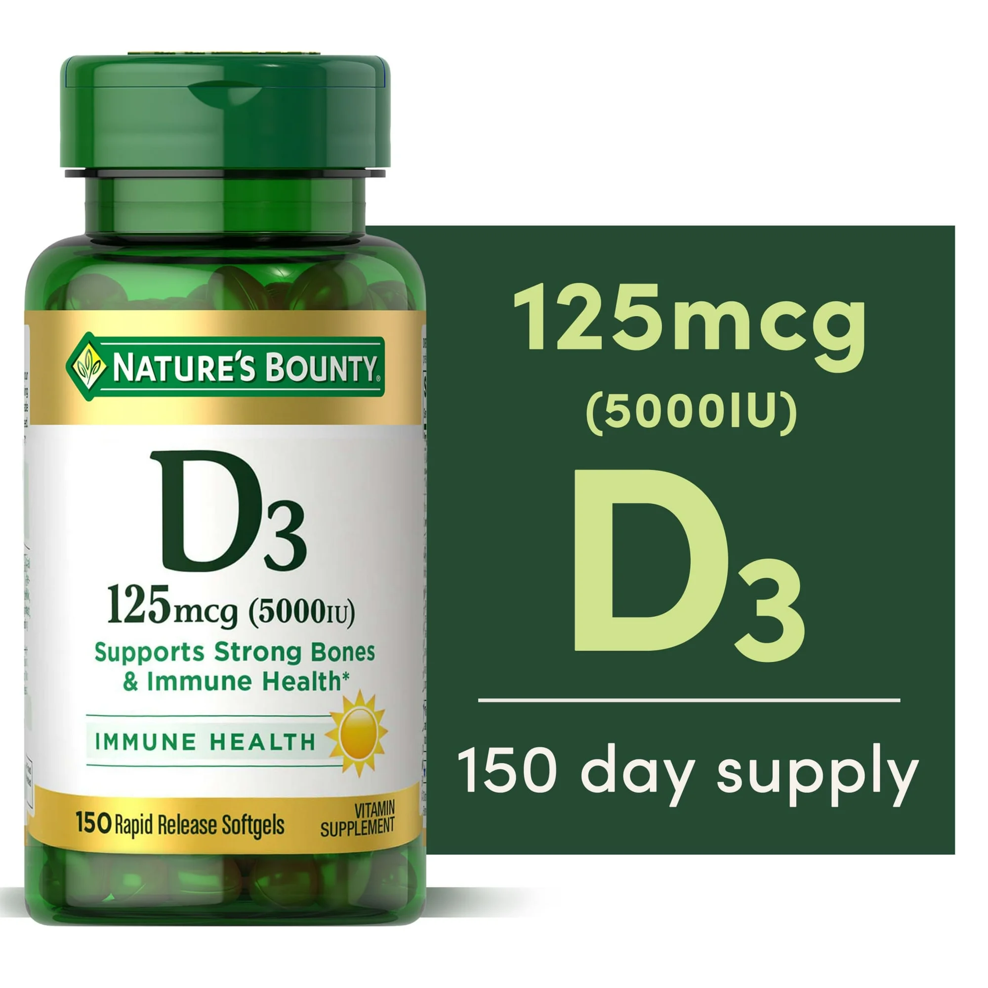 Nature's Bounty Vitamin D3 125 mcg 5000 IU Softgels, Immune & Bone Health Support